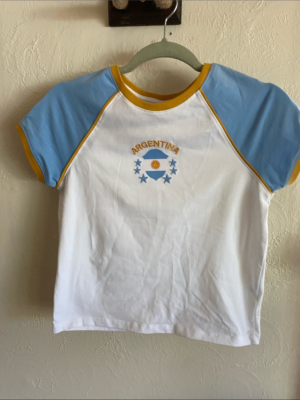 Argentina Embroidered Raglan Tee for Kids - White & Light Blue